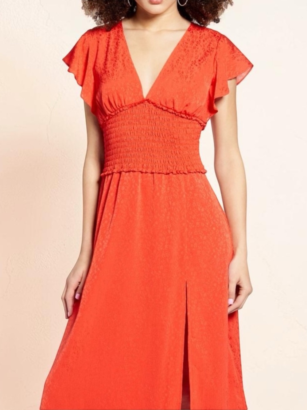 NEW Leith Smocked Waist Flutter Sleeve Floral Midi Dress Orange Red Size S